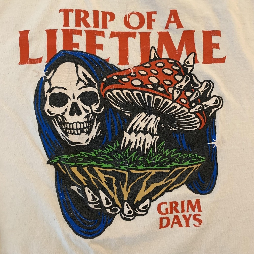 Grim Days Trip Of‎ A Lifetime Shirt Mens Large White Skeleton Mushroom Graphic